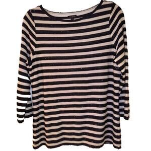 Talbots Sweater Women's Sz M Black White Sequin Striped 3/4 Sleeve Knit Pullover